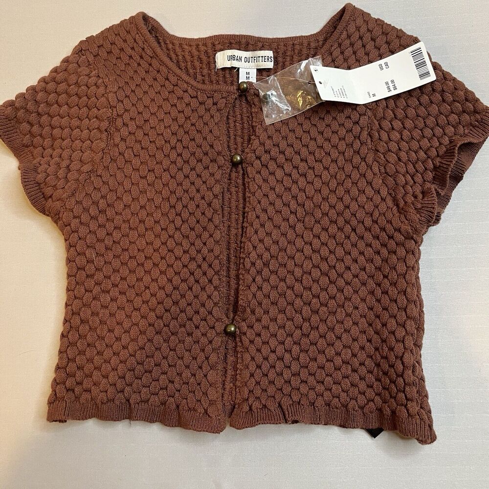 Urban Outfitters Medium Keyhole Bubble Sweater Top Cropped Button Up Brown - Picture 4 of 10